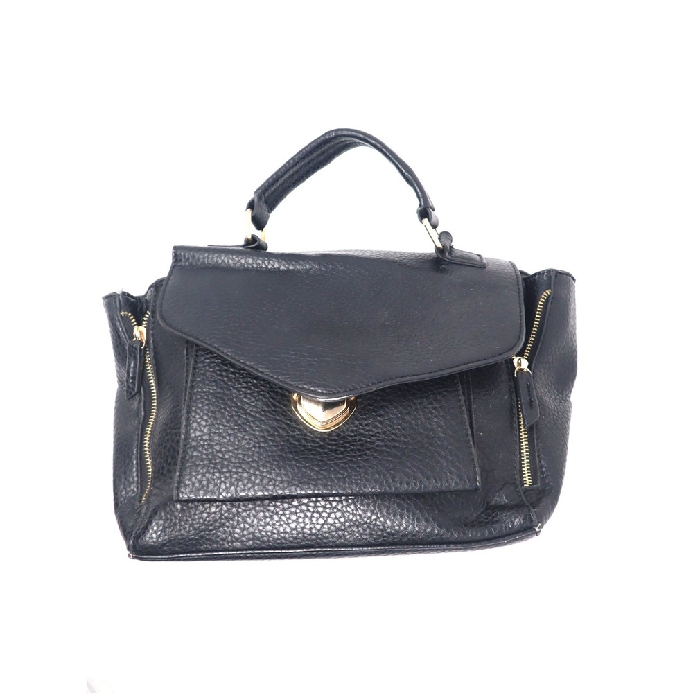 Black Satchel Medium MMS Women Pebbled Faux Leather Gold Hardware Handbag